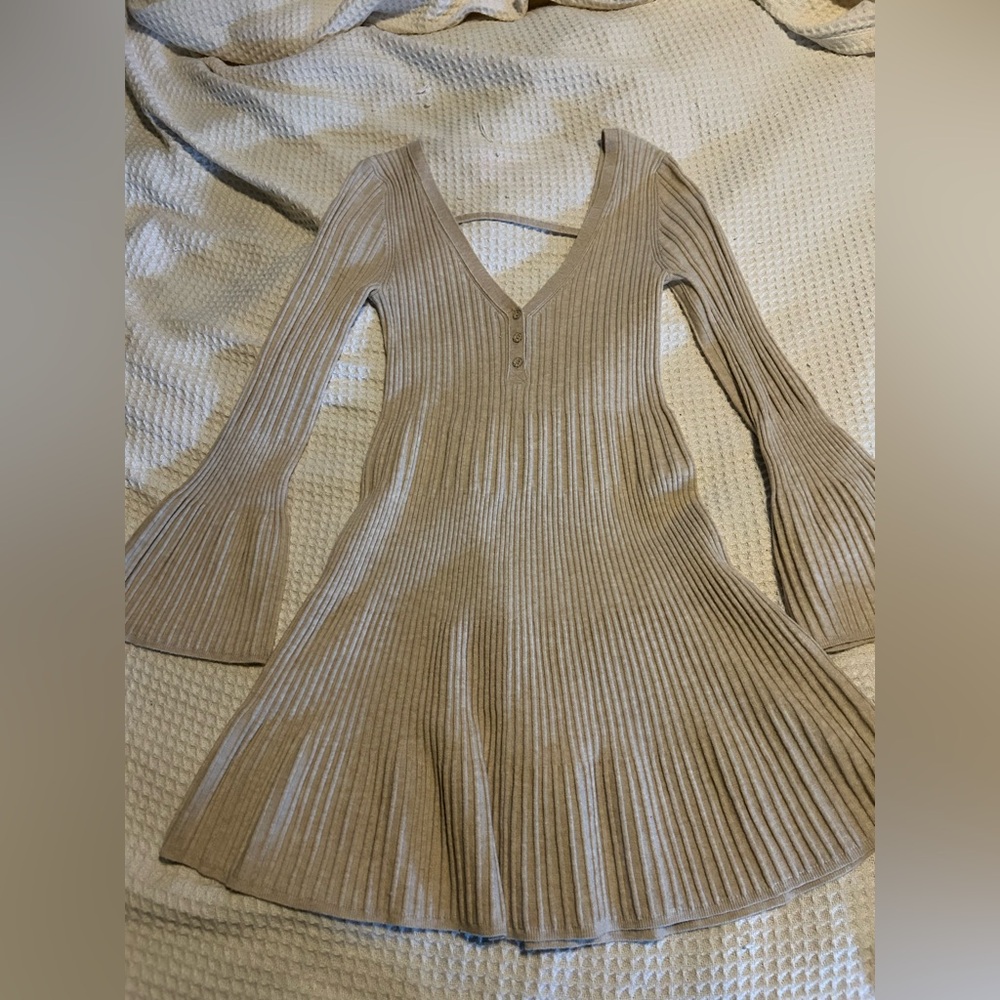 Chic Beige Ribbed Knit Dress with Bell Sleeves